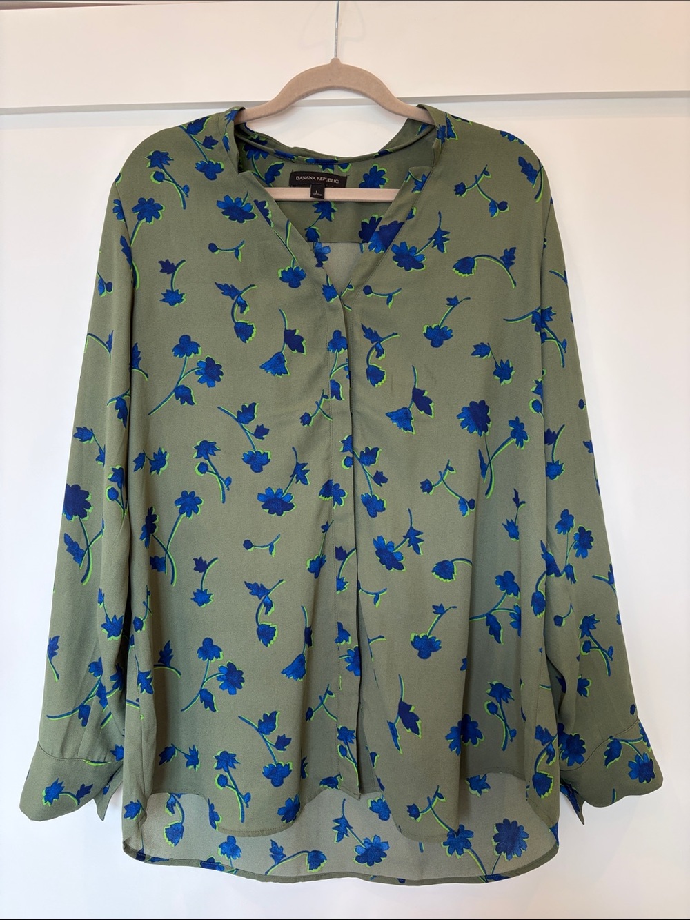Banana Republic Olive Green Blouse with Blue Floral Print